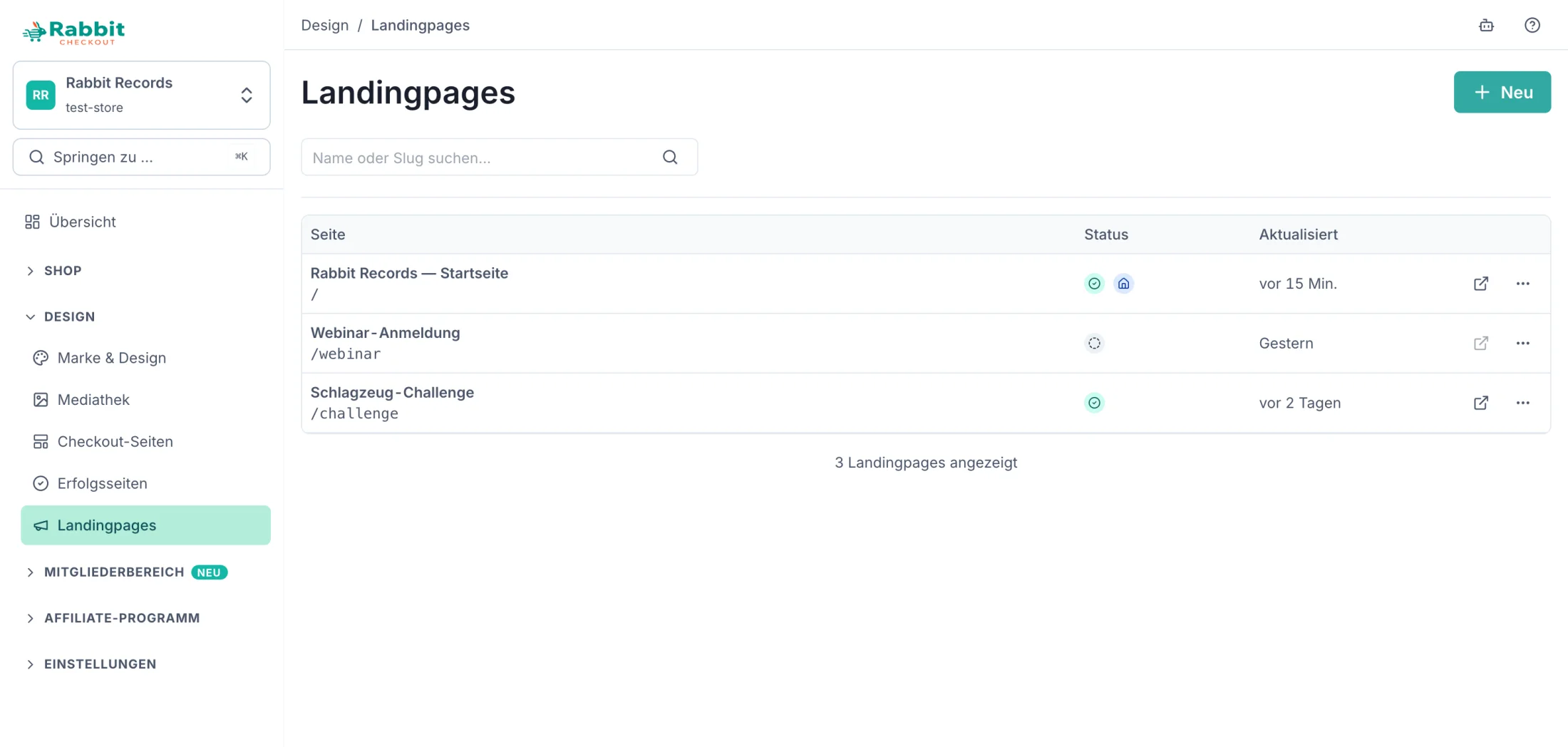 Die Landingpages-Liste im Dashboard des Shops „Rabbit Records“ mit drei Seiten: „Rabbit Records — Startseite“ unter der Adresse /, „Webinar-Anmeldung“ unter /webinar als Entwurf und „Schlagzeug-Challenge“ unter /challenge, veröffentlicht. Je Zeile der Status als Symbol, das Datum der letzten Änderung und ein Menü für die Aktionen, oben rechts die Schaltfläche „Neu“