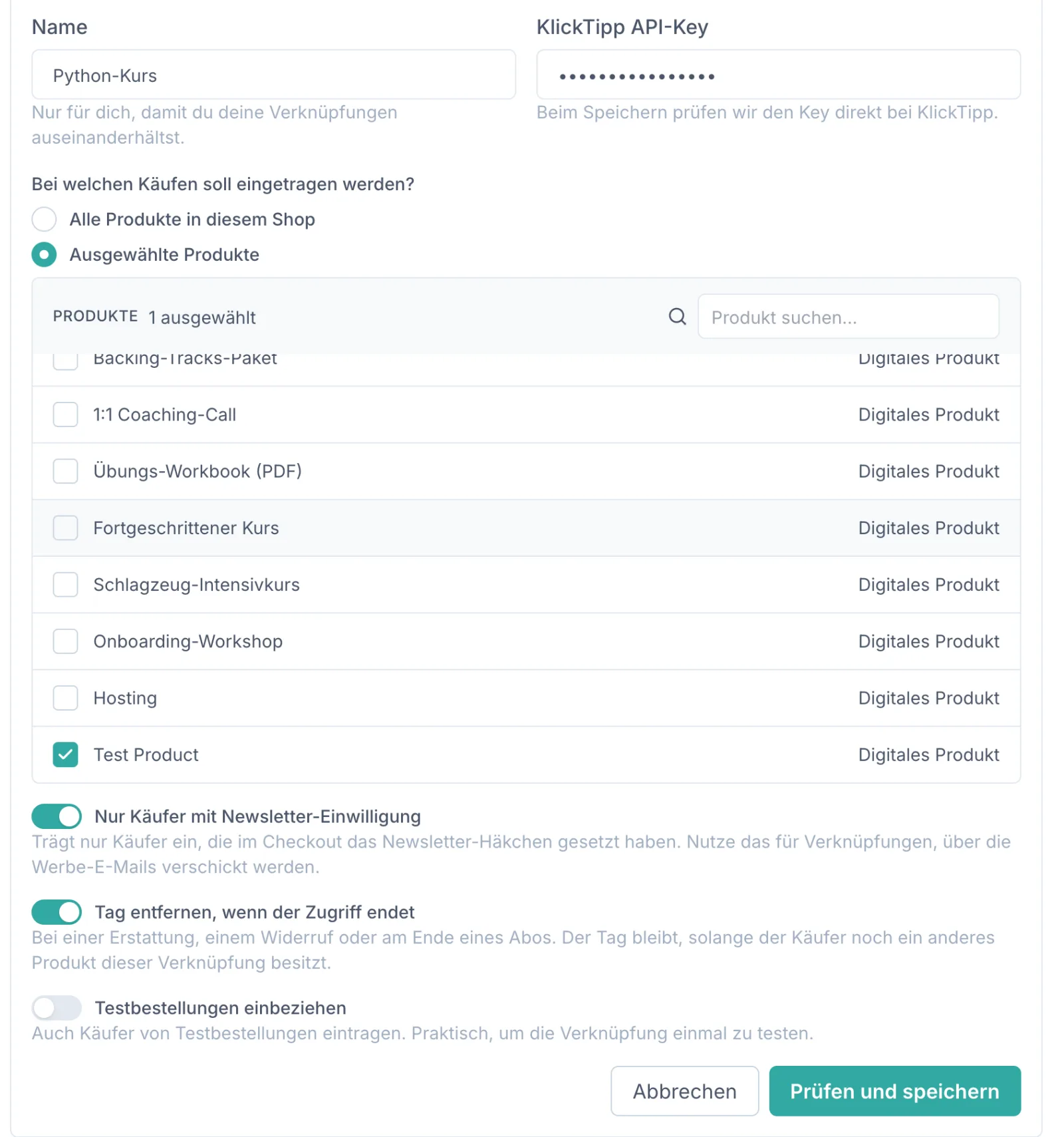 Das Formular „Neue Verknüpfung" mit Name, API-Key, der Produktauswahl und den drei Schaltern