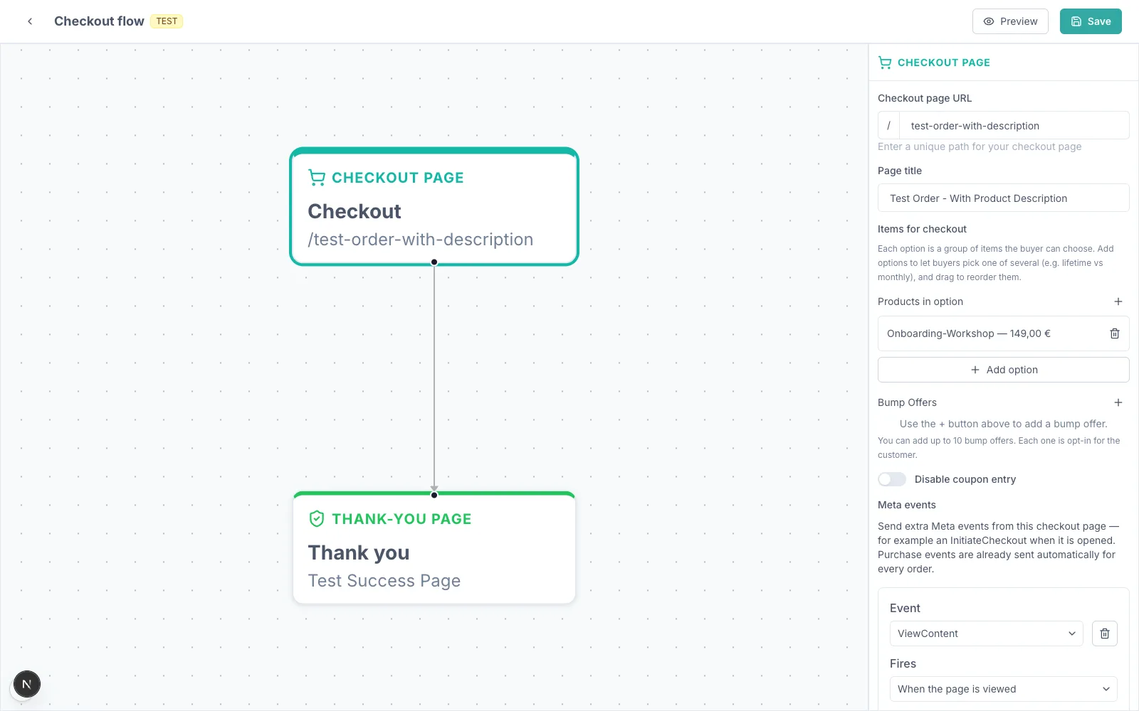 Der Abschnitt Meta-Events im Panel der Checkout-Seite