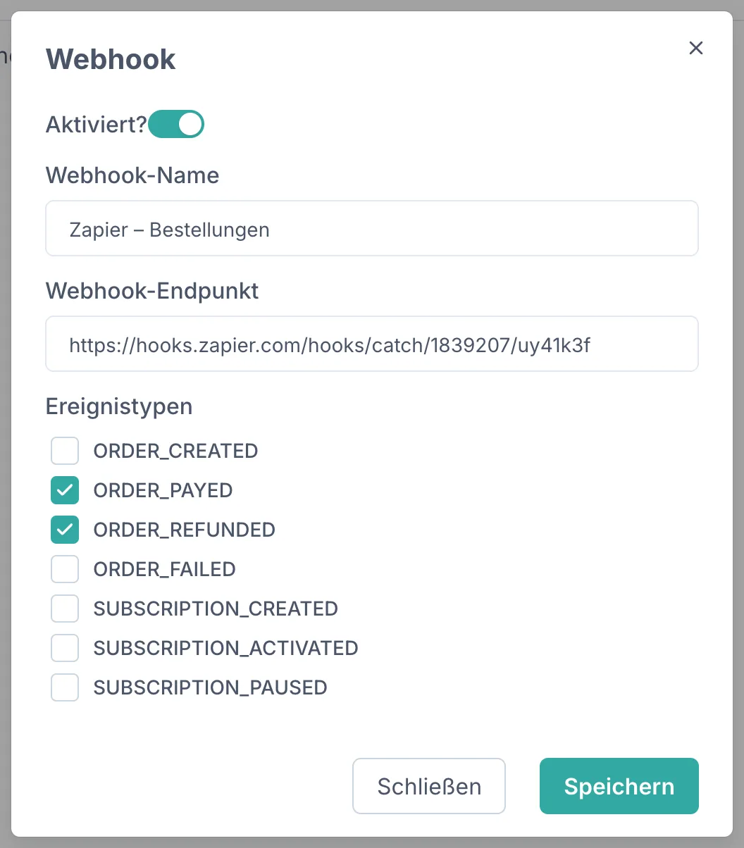 Der Dialog „Webhook" im Dashboard. Oben der Schalter „Aktiviert?" (an), darunter das Feld „Webhook-Name" mit „Zapier – Bestellungen" und das Feld „Webhook-Endpunkt" mit „https://hooks.zapier.com/hooks/catch/1839207/uy41k3f". Darunter die Liste „Ereignistypen" mit Ankreuzfeldern: ORDER_CREATED (leer), ORDER_PAYED (angekreuzt), ORDER_REFUNDED (angekreuzt), ORDER_FAILED, SUBSCRIPTION_CREATED, SUBSCRIPTION_ACTIVATED und SUBSCRIPTION_PAUSED (alle leer); die Liste lässt sich weiter scrollen. Unten die Schaltflächen „Schließen" und „Speichern".